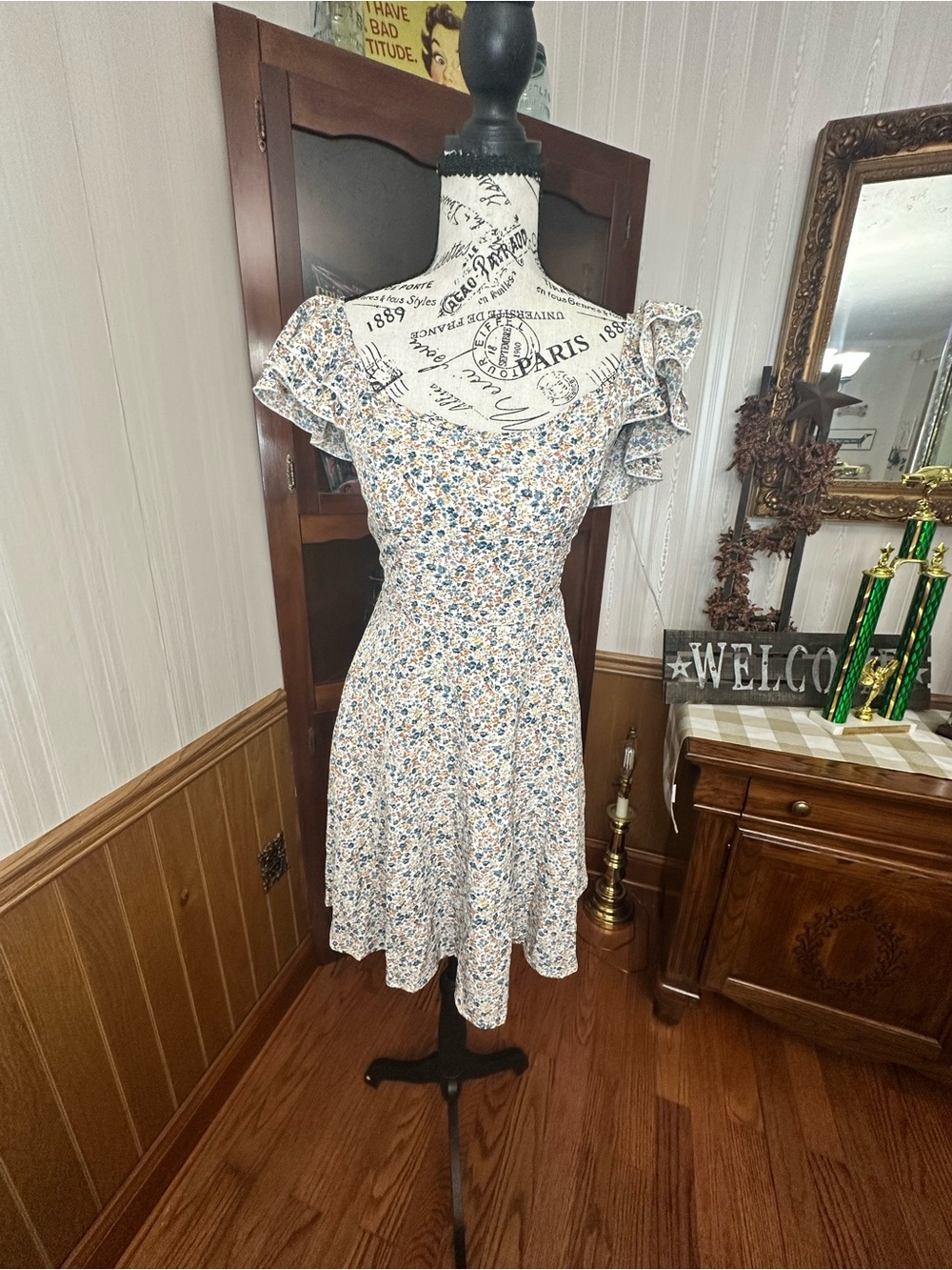 SHEIN Cream Mini Dress with Blue and Tan Floral Print